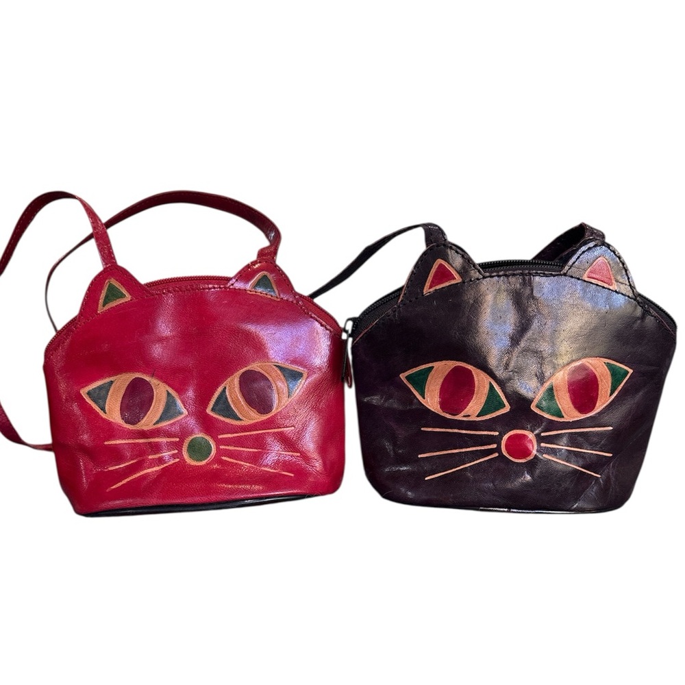 2 Leather Cat Face Bags, Red and Black